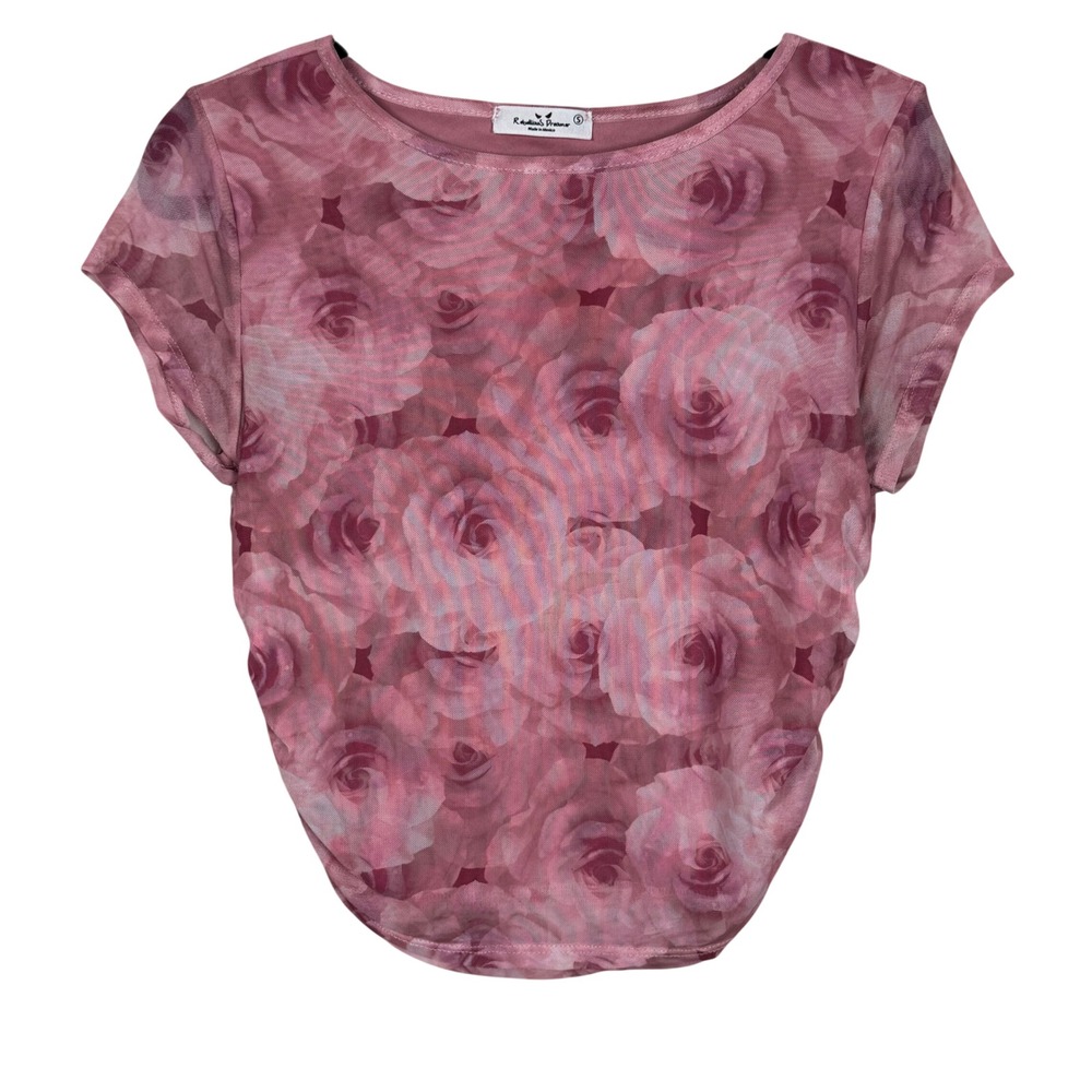 Rebellious Dreamer Pink Rose Mesh Ruched Top Womens Small Sheer Floral Coquette